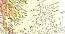 English Map of Southeast Asia, with the word "MALAYSIA" typeset horizontally so that the letters run across the northernmost corner of Borneo and pass just south of the Philippines.