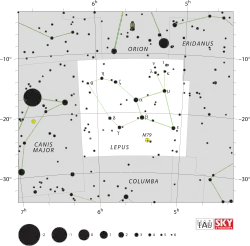 Diagram showing star positions and boundaries of the Lepus constellation and its surroundings