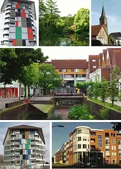 From left to right; Highrise building, Park Wildenburg, St. Jozefkerk, Kooikersgracht, Residential tower, Biezenkamp