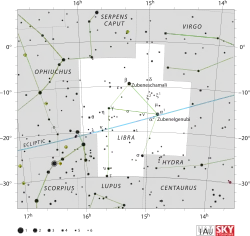 Diagram showing star positions and boundaries of the Libra constellation and its surroundings