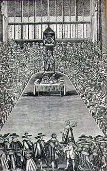 A black and white sketch of a session of the Long Parliament