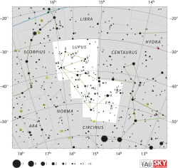 Diagram showing star positions and boundaries of the Lupus constellation and its surroundings