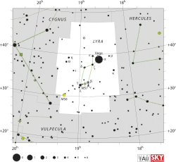 Diagram showing star positions and boundaries of the Lyra constellation and its surroundings