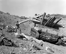 A group of Korean soldiers building fortifications out of wood