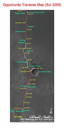 火星“机遇号”漫游车行驶“路线图”（截止2009年1月24日共2055个太阳日）(截止2013年6月21日3342个太阳日存档 当前)。