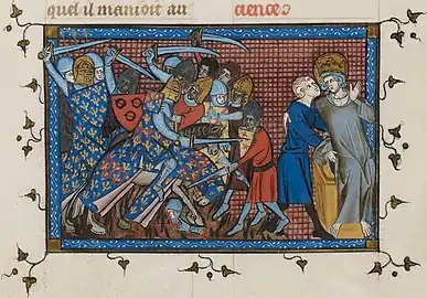 Miniature représentant Louis IX soutenu par un personnage tandis qu'en arrière plan des chevaliers aux armes de France affrontent des ennemis.