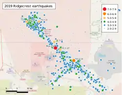 2019年里奇克莱斯特地震序列的震中空间排布图