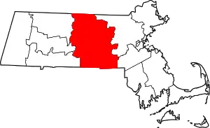 Map of Massachusetts highlighting Worcester County