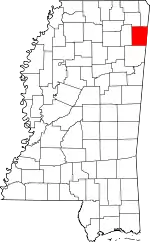 Map of Mississippi highlighting Itawamba County