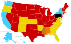 On request: AK, HI, NY, WA; danger to woman's health, rape or incest, or likely damaged fetus: AR, CA, CO, DE, FL, GA, KS, MD, NC, NM, OR, SC, VA; danger to woman's health: AL, MA; rape: MS; illegal: AZ, CT, IA, ID, IL, IN, KY, LA, ME, MI, MN, MO, MT, ND, NE, NH, NJ, NV, OH, OK, PA, RI, SD, TN, TX, UT, VT, WI, WV, WY