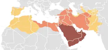 The expansion of the caliphate under the Umayyads.   Expansion under Muhammad, 622–632   Expansion during the Rashidun Caliphate, 632–661   Expansion during the Umayyad Caliphate, 661–750