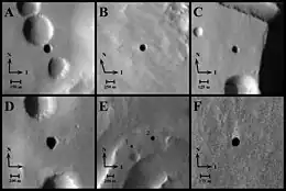 火星上的洞穴口（可能）（2007年9月24日，2001火星奥德赛号拍摄）。