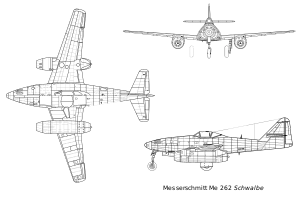 Orthographically projected diagram of the Messerschmitt Me 262.