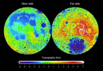  Topography of the Moon measured from the Lunar Orbiter Laser Altimeter on the mission Lunar Reconnaissance Orbiter, referenced to a sphere of radius 1737.4 km