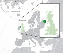 北爱尔兰的位置（深绿色）– 欧洲（绿色及深灰色）– 英国（绿色）