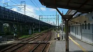 車站月台，左方高架橋為東海道新幹線，右方為車站站房