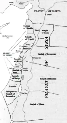 "Independent" Vilayet of Jerusalem shown within Ottoman administrative divisions in the Levant after the reorganisation of 1887–88