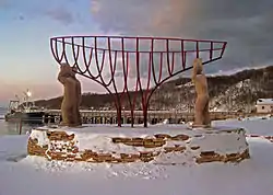 A sculpture in Port Jefferson that commemorates the village's maritime history