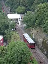 從高空俯瞰運行中的山頂纜車