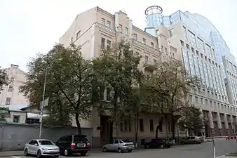 Sadova Street in Lypky neighborhood. Modern office building to the right houses various bodies of the Verkhovna Rada (Ukraine's parliament)