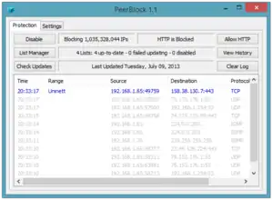 在Windows 8.1运行的PeerBlock 1.1