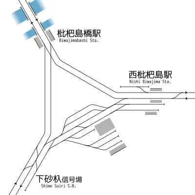 枇杷島橋站、西枇杷島站 站內配線略圖（1943年）