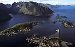 Lofoten islands from above. Settlements and mountains.