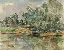 保羅·塞尚的《河堤》（Riverbank），73 × 92.3cm，約作於1889年，來自愛爾莎·梅隆·布魯斯的收藏。