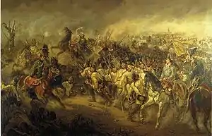 Painting of a combat showing white-coat infantry in march with some cavalrymen as well as a general and his staff on the foreground.