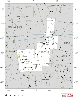 Diagram showing star positions and boundaries of the Scorpius constellation and its surroundings