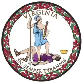 A circular seal with the words "Virginia" on the top and "Sic Semper Tyrannis" on the bottom. In the center, a woman wearing a blue toga and Athenian helmet stands on the chest of dead man wearing a purple breastplate and skirt. The woman holds a spear and sheathed sword. The man holds a broken chain while his crown lies away from the figures. Orange leaves encircle the seal.