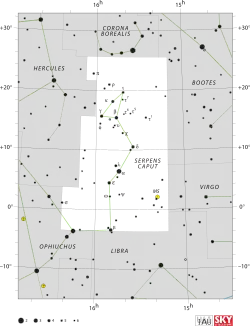 Diagram showing star positions and boundaries of the Serpens constellation and its surroundings