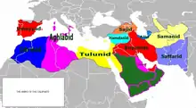 An anachronistic map of the various de facto independent emirates after the Abbasids lost their military dominance (c. 950)