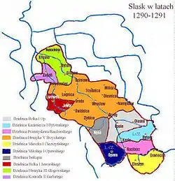 Greatest extent of territory of the Duchy
 during the reign of 亨利五世 (莱格尼察) (orange)