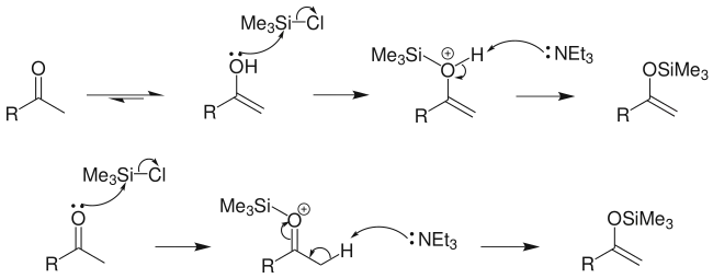 酮与三甲基氯硅烷反应并用弱碱处理生成烯醇硅醚。