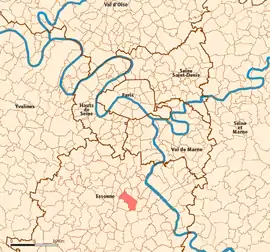 Location (in red) within Paris inner and outer suburbs