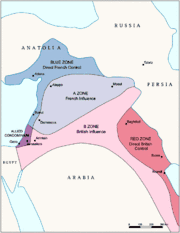 Zones of French and British influence and control proposed in the Sykes-Picot Agreement