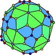 五邊形六邊形五角十二面七十四面體的對偶多面體，頂點的顏色對應原始多面體的面