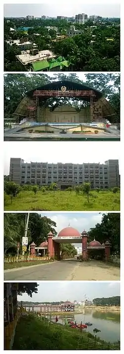 From top to bottom: 1. The City Skyline from "Suparibagan"; 2. The Open Stage of Tangail Poura Uddan; 3. Tangail District Court Building; 4. The city gate called "Shamsul Huq Toron"; 5. DC Lake at District Headquarters