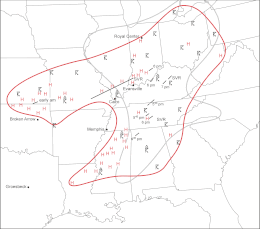 Black-and-white map showing state boundaries with meteorological features superimposed and indicated by red, silver, and black lines or symbols