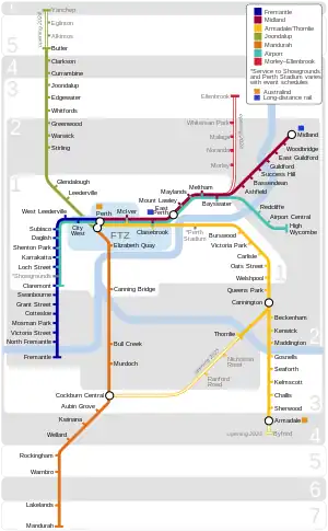 A map of the Transperth railway network