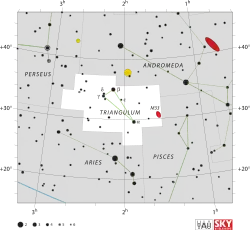 Diagram showing star positions and boundaries of the Triangulum constellation and its surroundings