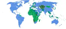 按加入联合国时间顺序为国家上色的世界地图。未加入联合国的国家为灰色。