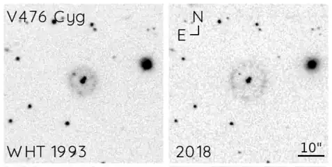 兩張相隔25年的天鵝座V476周圍殼體照片，顯示了星雲的膨脹。兩者都是使用Hα濾鏡拍攝，左圖是使用威廉·赫歇耳望遠鏡，右圖是使用北歐光學望遠鏡（英语：）。