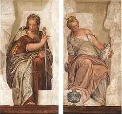 Giustizia (sinistra) e Temperanza (destra), affresco attribuito a Caliari e Giambattista Zelotti facente parte del ciclo di villa Soranzo, oggi conservati nella sagrestia del Duomo di Castelfranco Veneto