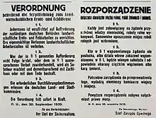 德语和波兰语书写的告示，宣布波兰人在收获期间拒绝工作将获死刑