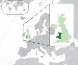 威爾斯的位置（深绿色）– 欧洲（绿色及深灰色）– 英国（绿色）