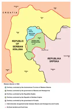 地图显示了塞尔维亚克拉伊纳共和国和斯普斯卡共和国之间的西波斯尼亚（青色）的位置。