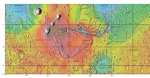 显示阿耳古瑞平原及其他地区边界的火星轨道器激光高度计地图。