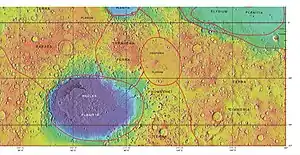 显示了第勒纳高地与附近其他地区边界的火星轨道器激光高度计地形图。